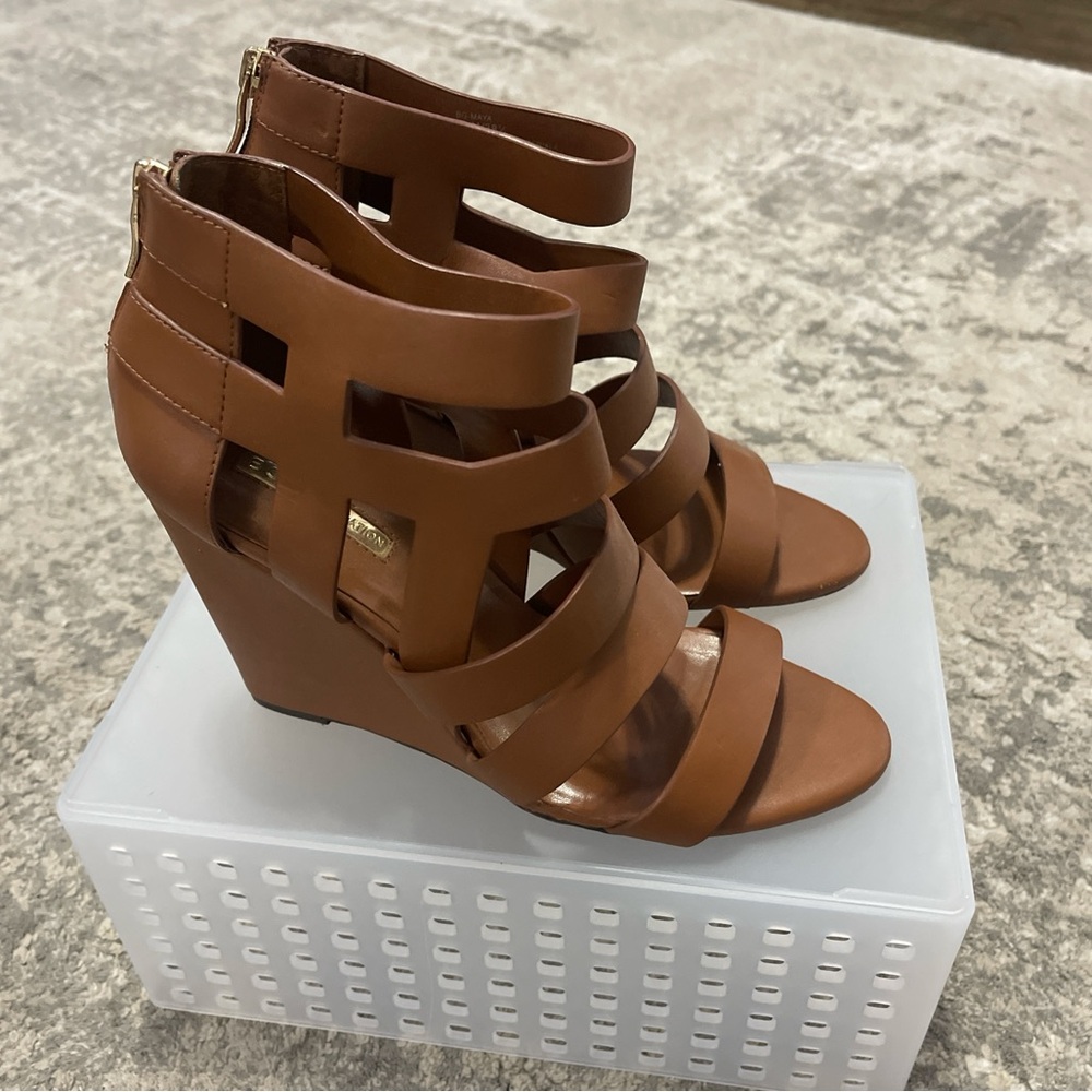BCBG Generation Brown Strappy Wedge Sandals